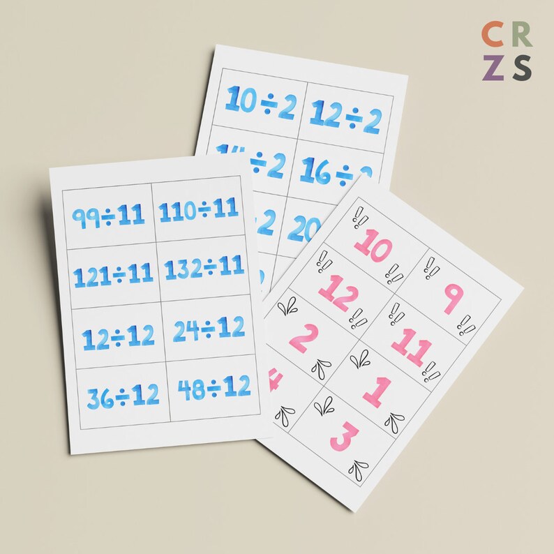 1-12 Division Flash Cards, Math Printable Cards, 1-12 Division ...