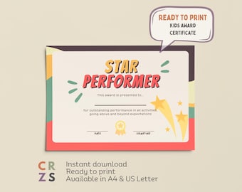 Certificado de Prêmio de Artista Estrela para Crianças Certificado de Prêmio de Sala de Aula Prêmio de Fim de Ano para Estudantes Diploma para Crianças para Imprimir Prêmio de Inteligência