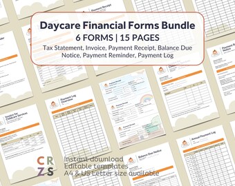 May include: A bundle of 6 printable daycare financial forms, including a tax statement, invoice, payment receipt, balance due notice, payment reminder, and payment log. The forms are designed with a cute cartoon baby illustration and are available in A4 and US Letter sizes.