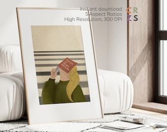 Lámina artística de mujer leyendo para amantes de los libros, lámina artística de niña leyendo, arte mural ecléctico, lámina de mujer cubriéndose el rostro con un libro, arte mural con libros