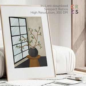 Lámina de arte japonés moderno, póster de una rama en un jarrón, arte mural minimalista, arte mural wabi sabi, lámina de bodegones, ilustración escandinava moderna