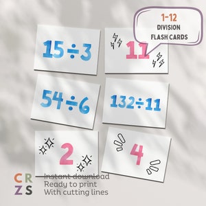 Flashcards 1-12 divisie, afdrukbare kaarten wiskunde, flashcards 1-12 divisie, wiskunde 3e leerjaar, educatieve flashkaarten, gedeeld door 12 wiskundige feiten