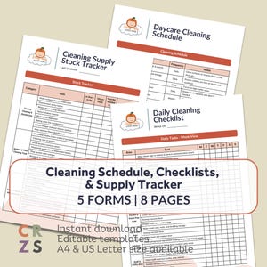 Daycare Cleaning Schedule, Editable Cleaning Checklist for Childcare, Cleaning List, Daycare Cleaning Supply Stock Tracker, Forms Bundle