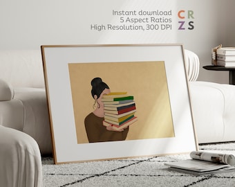 Póster de amante de los libros, impresión artística de mujer con libros, arte mural con libros, impresión artística de niña leyendo, arte mural ecléctico, arte mural minimalista colorido
