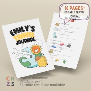 Diario de viaje para niños editable, diario de viaje personalizado, diario de viaje para niños, libro de viaje para niños imprimible, diario de vacaciones colorido