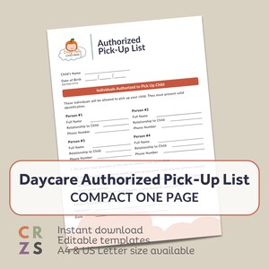 Può includere: Un elenco bianco di ritiro autorizzato per l'asilo nido con un logo a forma di zucca. Il documento include campi per il nome del bambino, la data di nascita e le persone autorizzate. Il testo sul documento recita "Daycare Authorized Pick-Up List COMPACT ONE PAGE".