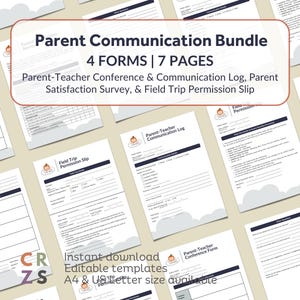 Peut inclure: Ensemble de formulaires imprimables pour la communication parents-enseignants. Le lot comprend un formulaire de conférence, un journal de communication, un sondage de satisfaction et un formulaire d'autorisation de sortie scolaire. Les formulaires sont disponibles en formats A4 et US Letter.