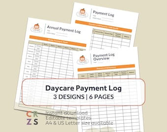 Puede incluir: Plantillas imprimibles de registro de pagos de guardería. Las plantillas tienen un encabezado naranja e incluyen secciones para el seguimiento de pagos. El texto "Daycare Payment Log" se muestra de forma destacada.