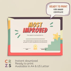 Improvement Award Certificate for Kids Classroom Award Certificate Student Awards for Year End Award Printable Kids Certificate