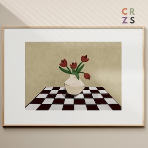 Tulipanes en un jarrón - Póster de papel mate premium, impresión artística para amantes de las flores, póster de flores, arte mural retro a cuadros, tulipanes rojos en un jarrón