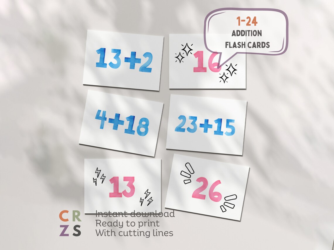Flash Card Math Review 1-24 Addition Flash Cards, Math Printable Cards, 1-24 Addition ...