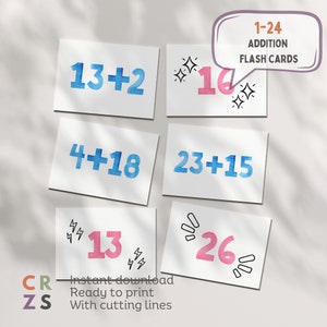 1-24 optelling Flash Cards, afdrukbare wiskundekaarten, 1-24 optelling Flashcards, 2e leerjaar wiskunde, educatieve Flash Card, wiskunde werkblad, 3e leerjaar