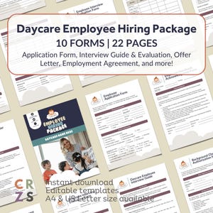 Paquete de formularios de contratación de empleados de guardería, formulario de solicitud de empleado de guardería, contrato de empleado de guardería, guía de entrevistas de contratación de personal