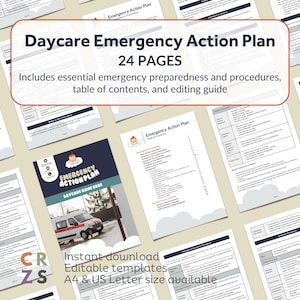 Puede incluir: Una plantilla de plan de acción de emergencia para guardería imprimible con 24 páginas. La portada presenta una ilustración de dibujos animados de un bebé en una nube con el texto "Plan de acción de emergencia" y "Nombre de la guardería aquí". El texto "Descarga instantánea, Plantillas editables, Tamaño A4 y US Letter disponibles" también está incluido.