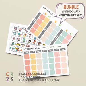 Paquete de gráficos de rutina para niños editables, tarjetas de rutina, planificador semanal diario para niños, gráficos de tareas, seguimiento de asignaciones, paquete de programación visual