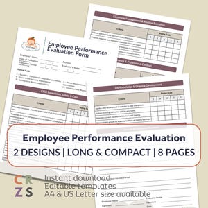 Puede incluir: Se muestran varios formularios de evaluación del desempeño de los empleados, con secciones para criterios y escalas de calificación. Los formularios incluyen el texto "Employee Performance Evaluation Form" y "2 DESIGNS | LONG & COMPACT | 8 PAGES."