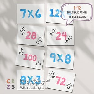 1-12 Multiplikations-Karten | Mathe druckbare Karten | 1-12 Multiplikation Karteikarten | 3.Klasse Mathe | Lern-Karteikarten