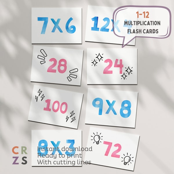 1-12 Tarjetas Flash de Multiplicación / Tarjetas Imprimibles de Matemáticas / 1-12 Tarjetas Flash de Multiplicación / Matemáticas de 3er Grado / Tarjetas Flash Educativas