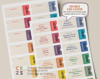 Cupones de recompensa para niños, cupones para niños, cupones editables para niños, plantillas de recompensa para niños, cupones editables para niños, cupones de regalo