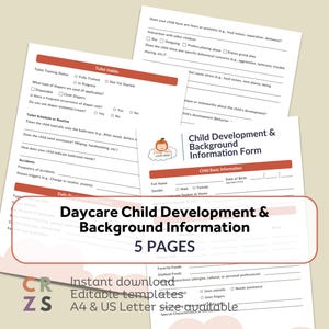 May include: A stack of white paper forms with black text, including a "Child Development & Background Information Form" and "Daycare Child Development & Background Information" form. The forms are for daycare use.