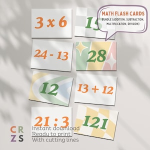 May include: A set of printable math flash cards with colorful backgrounds and green and orange numbers. The cards feature addition, subtraction, multiplication, and division problems. The text "MATH FLASH CARDS" is at the top of the image. The text "BUNDLE (ADDITION, SUBTRACTION, MULTIPLICATION, DIVISION)" is below the title. The text "Instant download Ready to print With cutting lines" is at the bottom of the image.