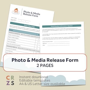 Puede incluir: Plantilla de formulario de autorización de fotos y medios de dos páginas. Los formularios son blancos con detalles en azul e incluyen secciones para la información del niño, el uso de fotos/vídeos y la autorización de los padres/tutores. El texto incluye "2 PAGES".