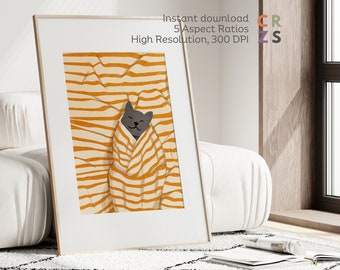 Cat in Bed Art Print, Cat Lover Poster, Cute Cat Artwork, Cat Lover Printable Art, Eclectic Wall Art, Black Cat Poster, Grey Cat Wall Art