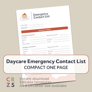 Formulário de contato de emergência para creches, Lista de contatos de emergência para creches, Formulários para creches domiciliares, Contato de emergência para crianças, Segurança em creches