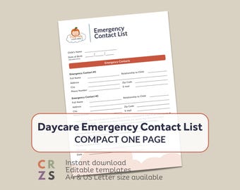 Daycare Emergency Contact Form, Emergency Contact List for Childcare, In Home Daycare Forms, Child Emergency Contact, Daycare Safety