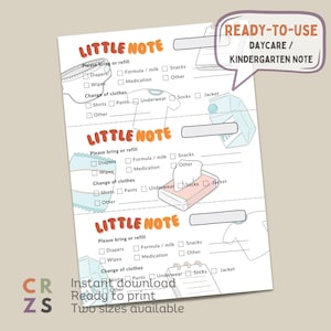 Puede incluir: Una nota imprimible para guardería o jardín de infancia con el texto "LITTLE NOTE" en naranja. La nota incluye secciones para pañales, toallitas, cambio de ropa y otros artículos. El texto "READY-TO-USE DAYCARE / KINDERGARTEN NOTE" está en una burbuja.