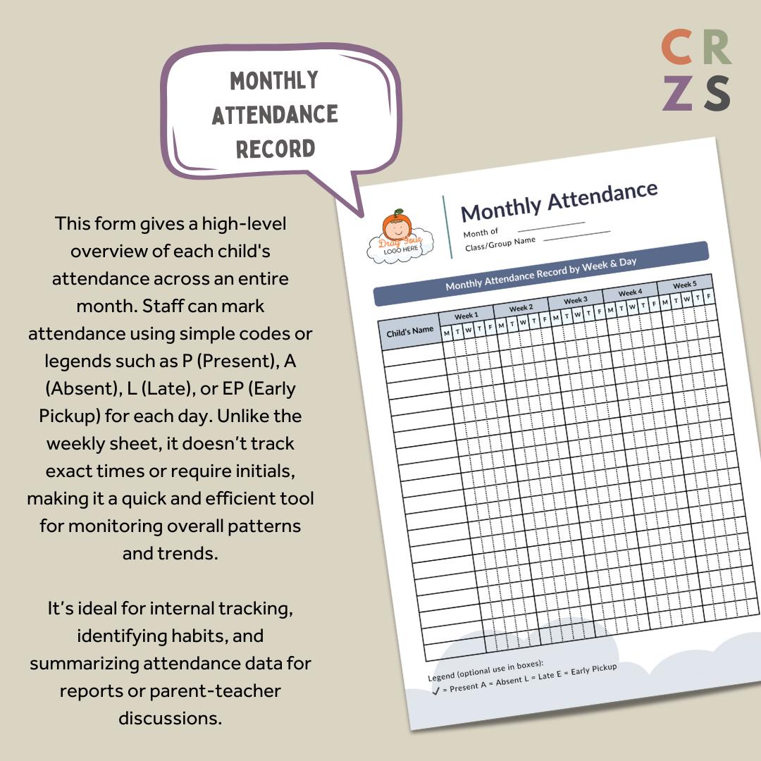Daycare Weekly Monthly Attendance Sheet, Attendance Log for Childcare ...