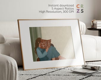 Póster de amante de los libros, impresión artística de mujer leyendo un libro, arte mural con libros, impresión artística de niña leyendo, arte mural ecléctico, arte mural horizontal con libros