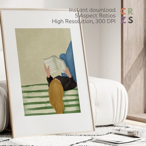 Póster de amante de los libros, impresión artística de mujer leyendo un libro, arte mural con libros, impresión artística de niña leyendo, arte mural ecléctico