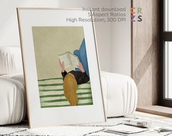 Póster de amante de los libros, impresión artística de mujer leyendo un libro, arte mural con libros, impresión artística de niña leyendo, arte mural ecléctico