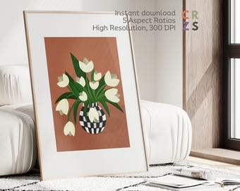 Tulips in a Vase Art Print for Flower Lover Wall Art Tulips in Checkered Vase Art Flower Tulips Art Print Le Fleur Digital Art Retro Flower