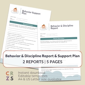 May include: Two printable behavior support and discipline report forms for children. The forms are in a light blue and green color scheme with a cartoon baby illustration. The text on the forms reads "Behavior Support Plan" and "Behavior & Discipline Report". The forms are available for instant download and are editable. The forms are available in A4 and US Letter sizes.