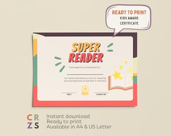 Reader Award Certificate for Kids Classroom Award Certificate Student Award for Year End Award Printable Kids Diploma Intelligence Award