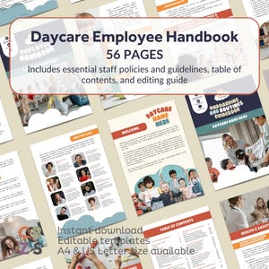 Op de afbeelding: Een kleurrijk handboek voor medewerkers van de kinderopvang met 56 pagina's. Het handboek bevat essentiële personeelsrichtlijnen en -richtlijnen, een inhoudsopgave en een bewerkingsgids. De omslag toont een groep kinderen die spelen en de tekst "Handboek voor medewerkers van de kinderopvang".