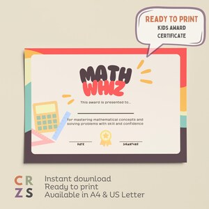 Könnte beinhalten: Eine farbenfrohe Urkunde für Kinder mit dem Text "MATH WHIZ" in einer verspielten Schriftart. Die Urkunde enthält eine Taschenrechner-Illustration und den Text "Ready to Print KIDS AWARD CERTIFICATE".
