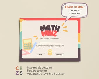 Math Award Certificate for Kids Classroom Award Certificate Student Award for Year End Award Printable Kids Diploma Intelligence Award