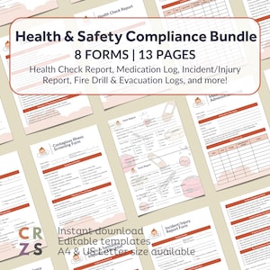 May include: A collection of printable health and safety forms, including health check reports, medication logs, and incident reports. The forms are in a light pink and white color scheme, with red accents and text. The bundle includes 8 forms and 13 pages.