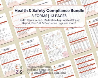 May include: A collection of printable health and safety forms, including health check reports, medication logs, and incident reports. The forms are in a light pink and white color scheme, with red accents and text. The bundle includes 8 forms and 13 pages.