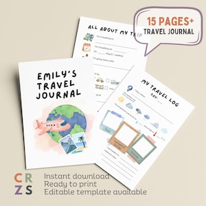 Diario de viaje para niños editable, diario de viaje personalizado, diario de viaje para niños, diario de viaje para niños imprimible, diario de vacaciones para niños