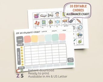 Editable Kids Allowance Tracker Visual Allowance Chart for Kids, Daily Weekly Allowance Chore Chart,  Earn Money Reward Chart Printable