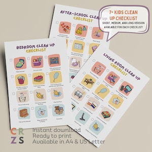 Checklist schoonmaak voor kinderen, checklist voor opruimen voor kinderen met foto's, grafiek voor kinderen, dagelijkse wekelijkse opruimroutines voor kinderen afdrukbaar