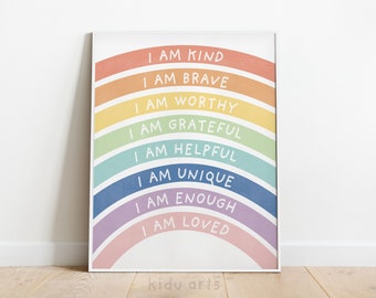 Puede incluir: Un póster de colores arcoíris con el texto "Soy amable, soy valiente, soy digno, soy agradecido, soy servicial, soy único, soy suficiente, soy amado" impreso en él. El póster está enmarcado en blanco.