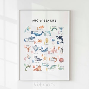 Meerestiere Alphabet Poster, Kinder Wandkunst, Meerestiere ABC Print, Kinderzimmerdeko, druckbare Kinder, Kleinkind lernen, DIGITALER DOWNLOAD