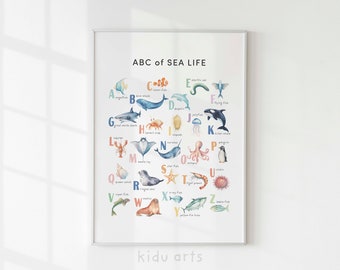 Meerestiere Alphabet Poster, Kinder Wandkunst, Meerestiere ABC Print, Kinderzimmerdeko, druckbare Kinder, Kleinkind lernen, DIGITALER DOWNLOAD
