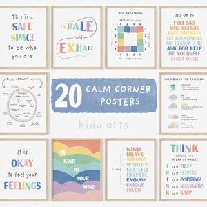 May include: Set of 20 colorful printable posters for a calm corner in a classroom or home. The posters feature positive affirmations, breathing exercises, and coping skills for children.  The posters have a light blue background with the text "20 Calm Corner Posters" and "kidu arts".