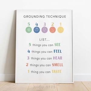 Peut inclure: Une affiche imprimable blanche avec le texte "GROUNDING TECHNIQUE" et une liste de cinq sens avec des numéros correspondants : 5 choses que vous pouvez VOIR, 4 choses que vous pouvez SENTIR, 3 choses que vous pouvez ENTENDRE, 2 choses que vous pouvez SENTIR, 1 chose que vous pouvez GOÛTER.
